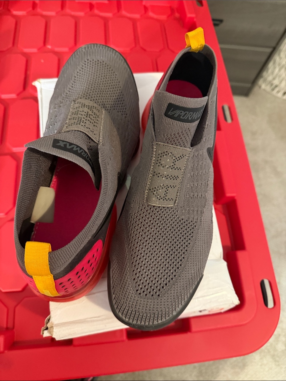 Nike Vapormax Slip-On Sneakers — Gray with Pink & Yellow Accents